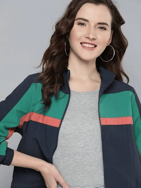 Women Navy & Green Striped Bomber Jacket