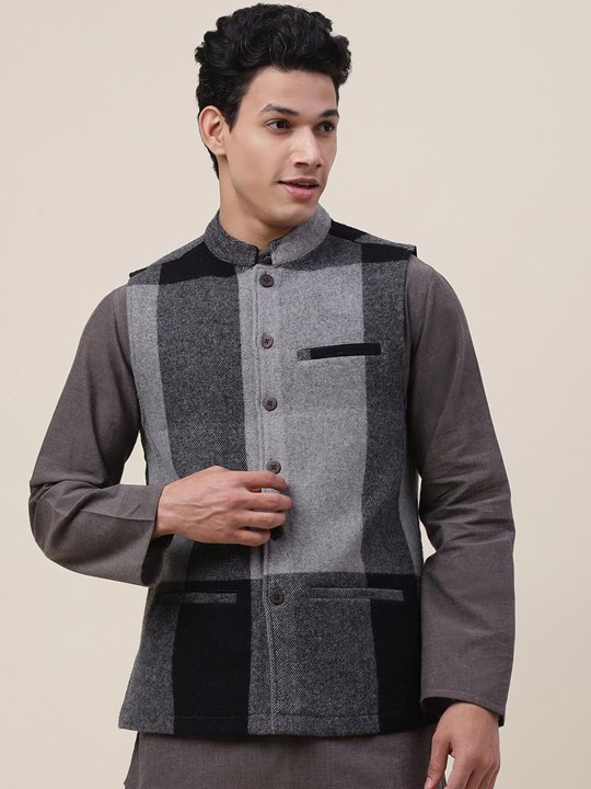 Men Black Checked Pure Wool Nehru Jackets